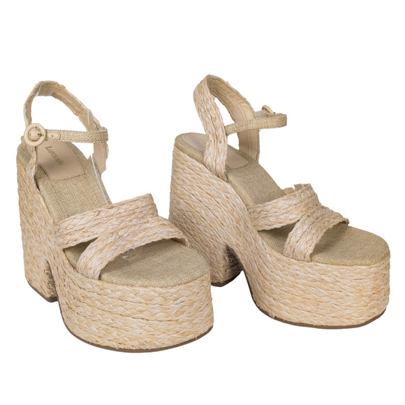 LARROUDE Carmen Raffia Platform Heeled Sandal Beige Open Toe Women's 10 - Picture 2 of 9